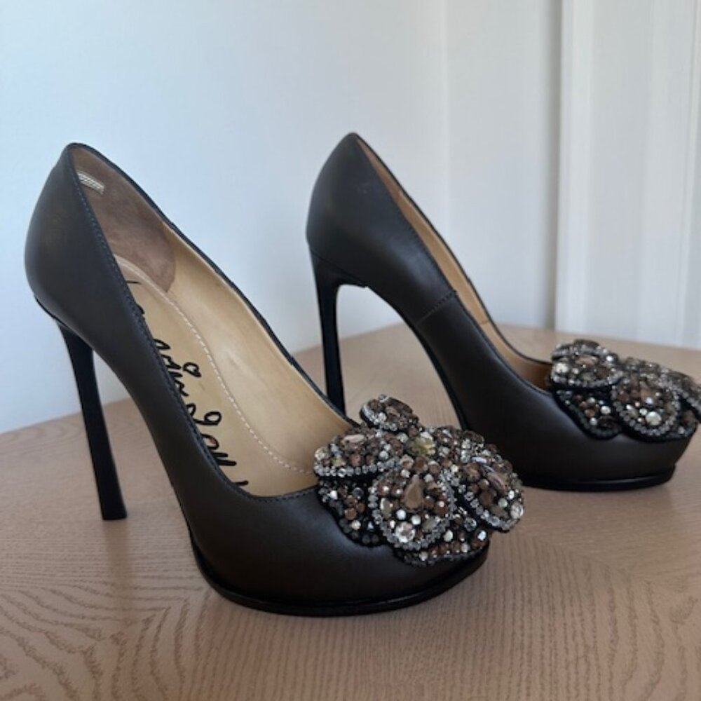 Lanvin Paris, Vero Cuoio, Grey Leather, Jewel Embellished Heels, Signed